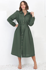 Waverly Midi Dress - Linen Button Down Dress in Green