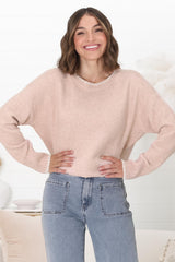 Kindra Jumper - Crew Neck Pull Over with Contrast Stitching in Pink Marle