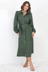 Waverly Midi Dress - Linen Button Down Dress in Green