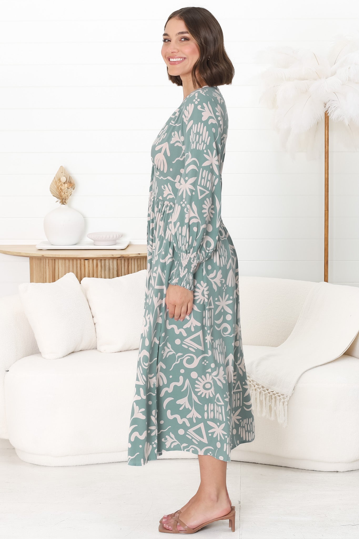 Jolie Midi Dress - V Neck Buttoned Down Long Sleeve Dress in Taralen Print Duck Egg Blue