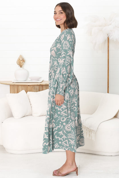 Jolie Midi Dress - V Neck Buttoned Down Long Sleeve Dress in Taralen Print Duck Egg Blue