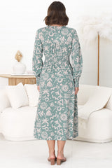 Jolie Midi Dress - V Neck Buttoned Down Long Sleeve Dress in Taralen Print Duck Egg Blue