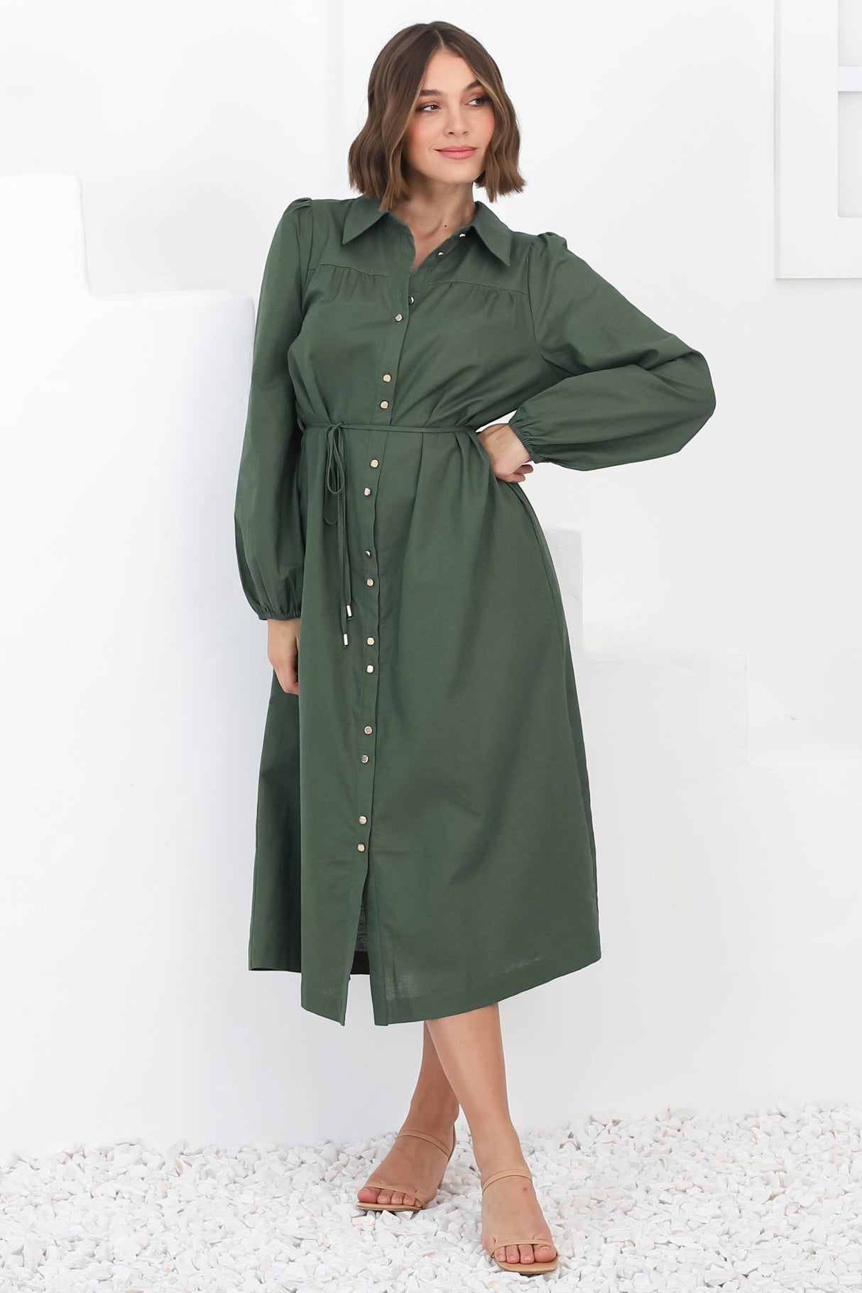 Waverly Midi Dress - Linen Button Down Dress in Green