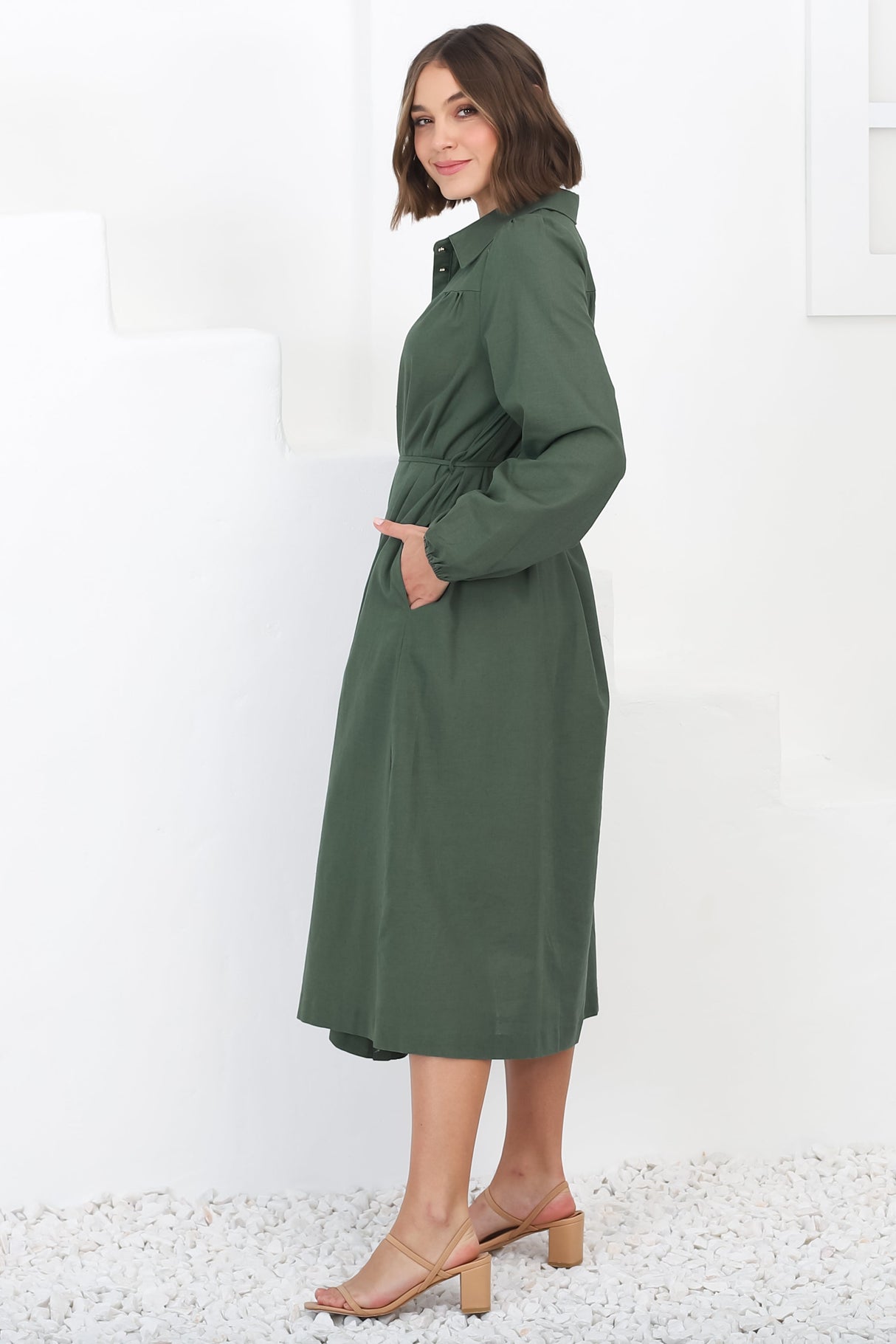 Waverly Midi Dress - Linen Button Down Dress in Green