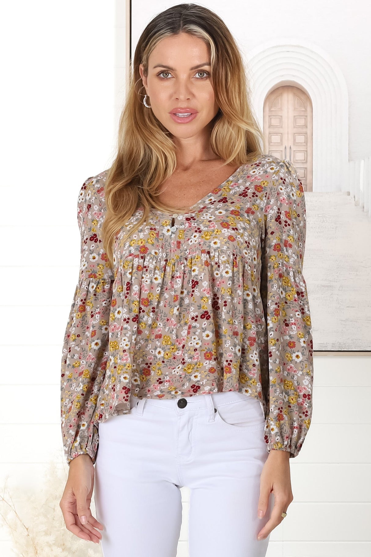 Grace Top - V-Neck Button Decal Long Sleeve Smock Top in Hollie Print Beige