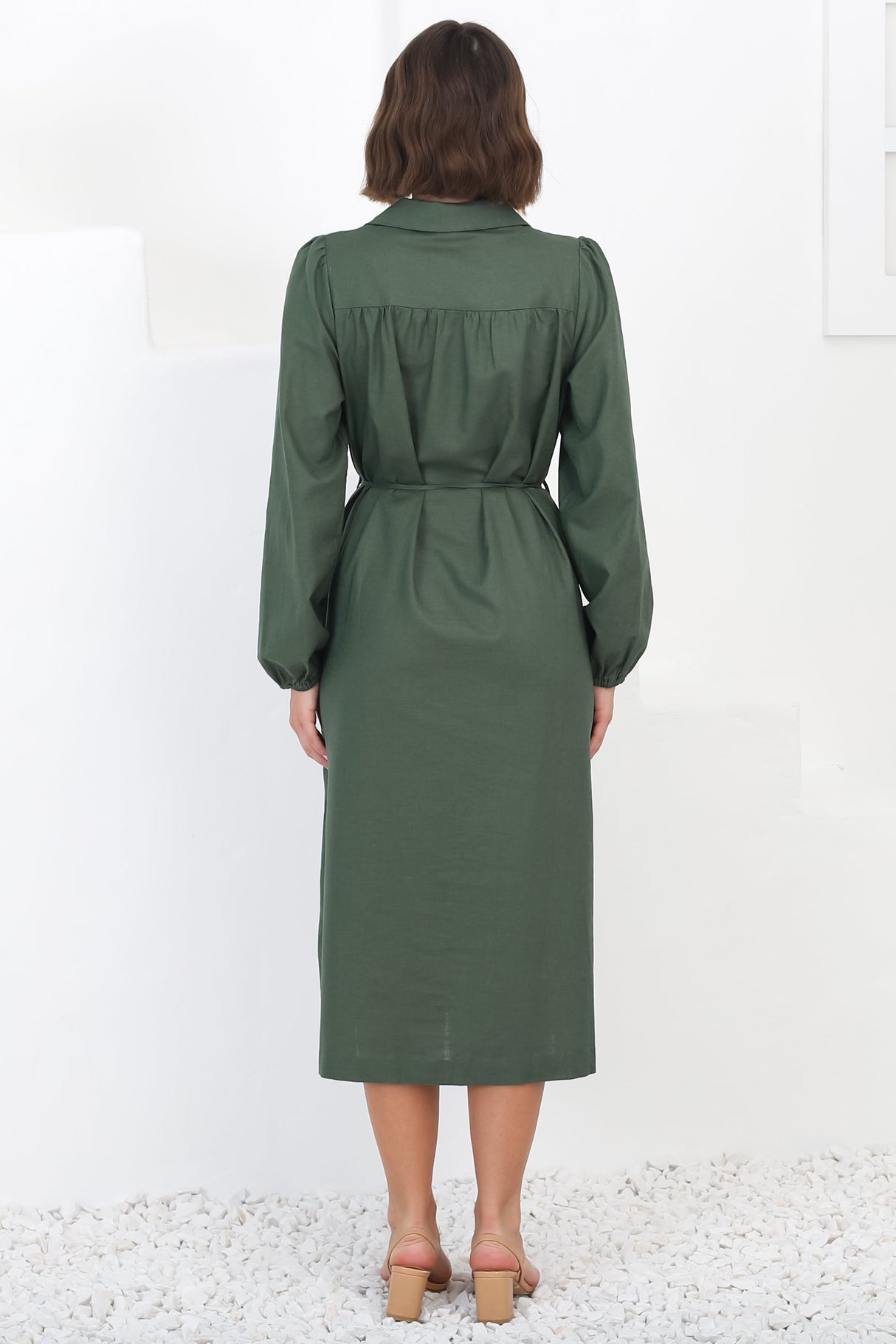 Waverly Midi Dress - Linen Button Down Dress in Green