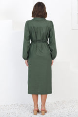 Waverly Midi Dress - Linen Button Down Dress in Green