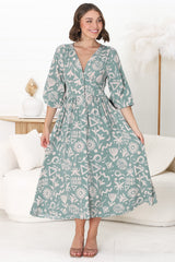 Jolie Midi Dress - V Neck Buttoned Down Long Sleeve Dress in Taralen Print Duck Egg Blue