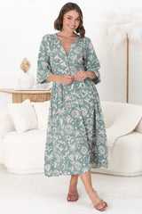 Jolie Midi Dress - V Neck Buttoned Down Long Sleeve Dress in Taralen Print Duck Egg Blue