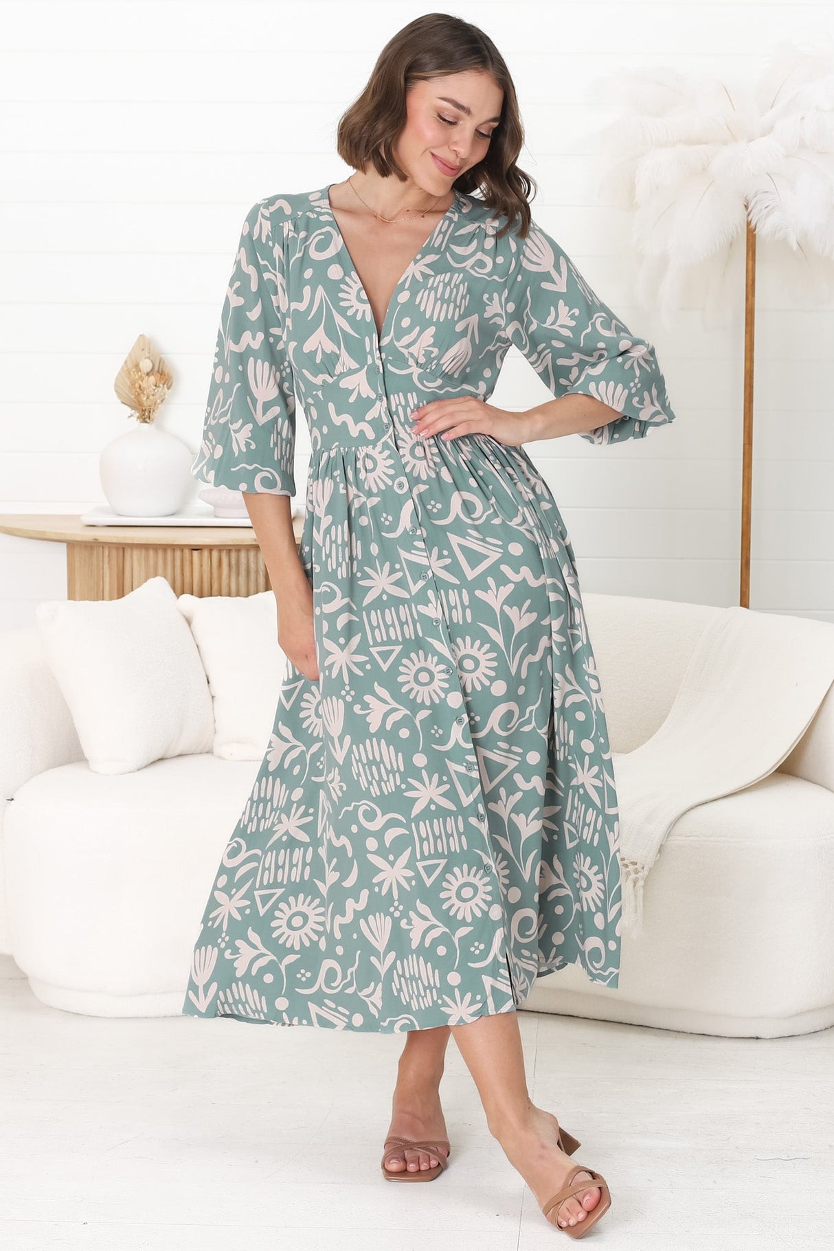 Jolie Midi Dress - V Neck Buttoned Down Long Sleeve Dress in Taralen Print Duck Egg Blue