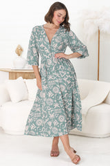 Jolie Midi Dress - V Neck Buttoned Down Long Sleeve Dress in Taralen Print Duck Egg Blue