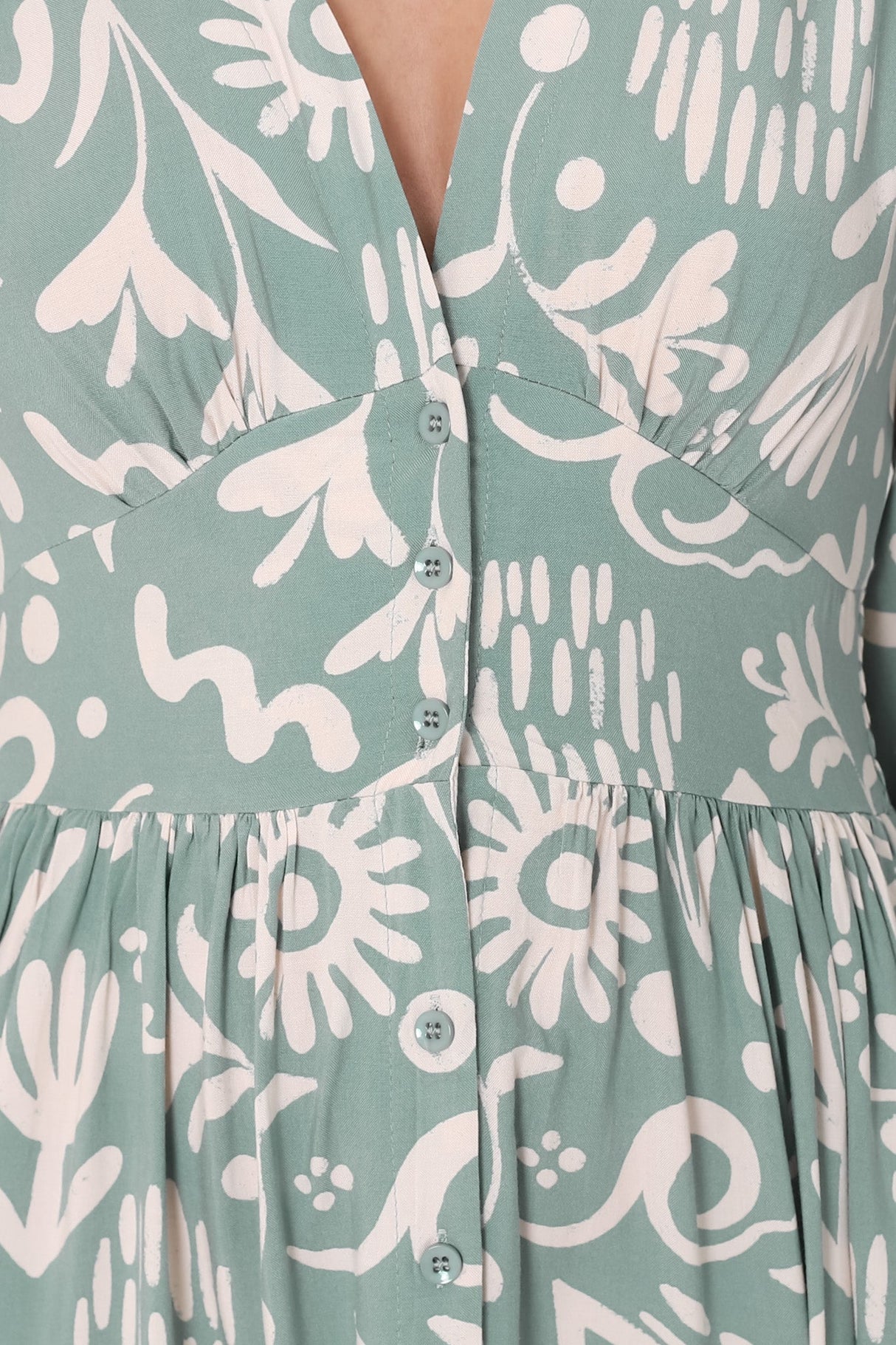 Jolie Midi Dress - V Neck Buttoned Down Long Sleeve Dress in Taralen Print Duck Egg Blue