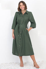 Waverly Midi Dress - Linen Button Down Dress in Green