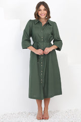 Waverly Midi Dress - Linen Button Down Dress in Green