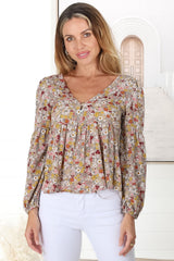 Grace Top - V-Neck Button Decal Long Sleeve Smock Top in Hollie Print Beige