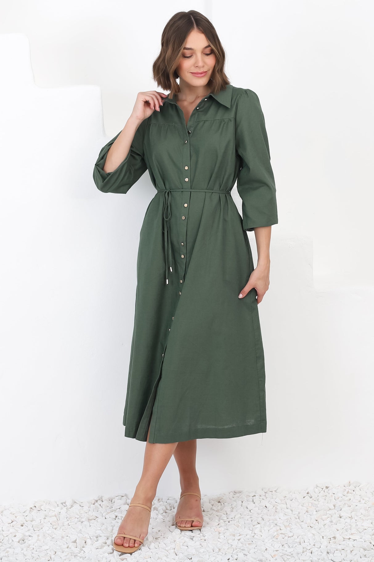 Waverly Midi Dress - Linen Button Down Dress in Green