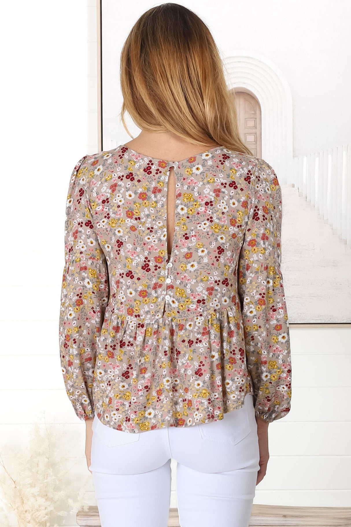 Grace Top - V-Neck Button Decal Long Sleeve Smock Top in Hollie Print Beige