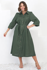 Waverly Midi Dress - Linen Button Down Dress in Green