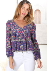 Grace Top - V-Neck Button Decal Long Sleeve Smock Top in Iris Print Navy