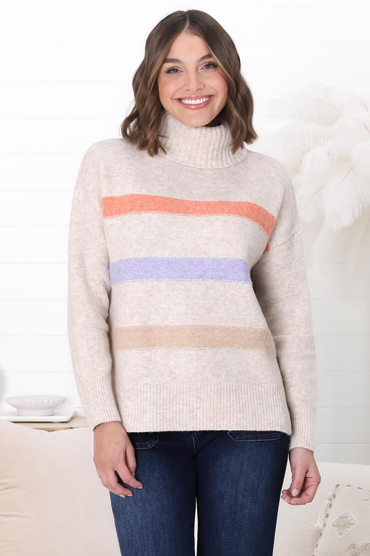 Rhea Jumper - Turtle Neck Stripe Pull Over Jumper with Multicoloured Stripes in Oat Marle