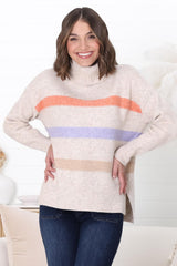 Rhea Jumper - Turtle Neck Stripe Pull Over Jumper with Multicoloured Stripes in Oat Marle