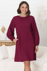 Ivanna Mini Dress - Crew Neck Shift Dress with Balloon Sleeves in Burgundy