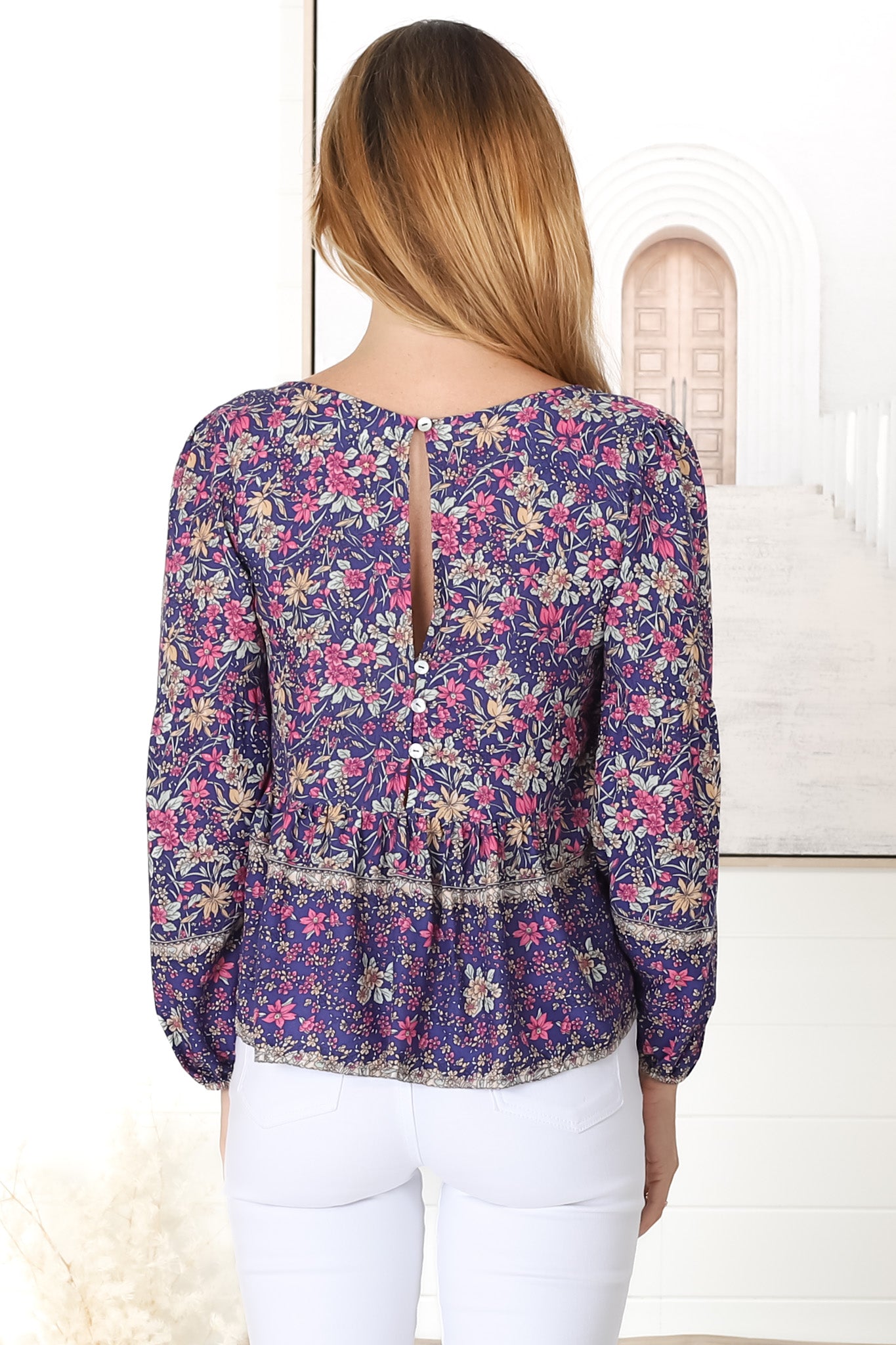 Grace Top - V-Neck Button Decal Long Sleeve Smock Top in Iris Print Navy