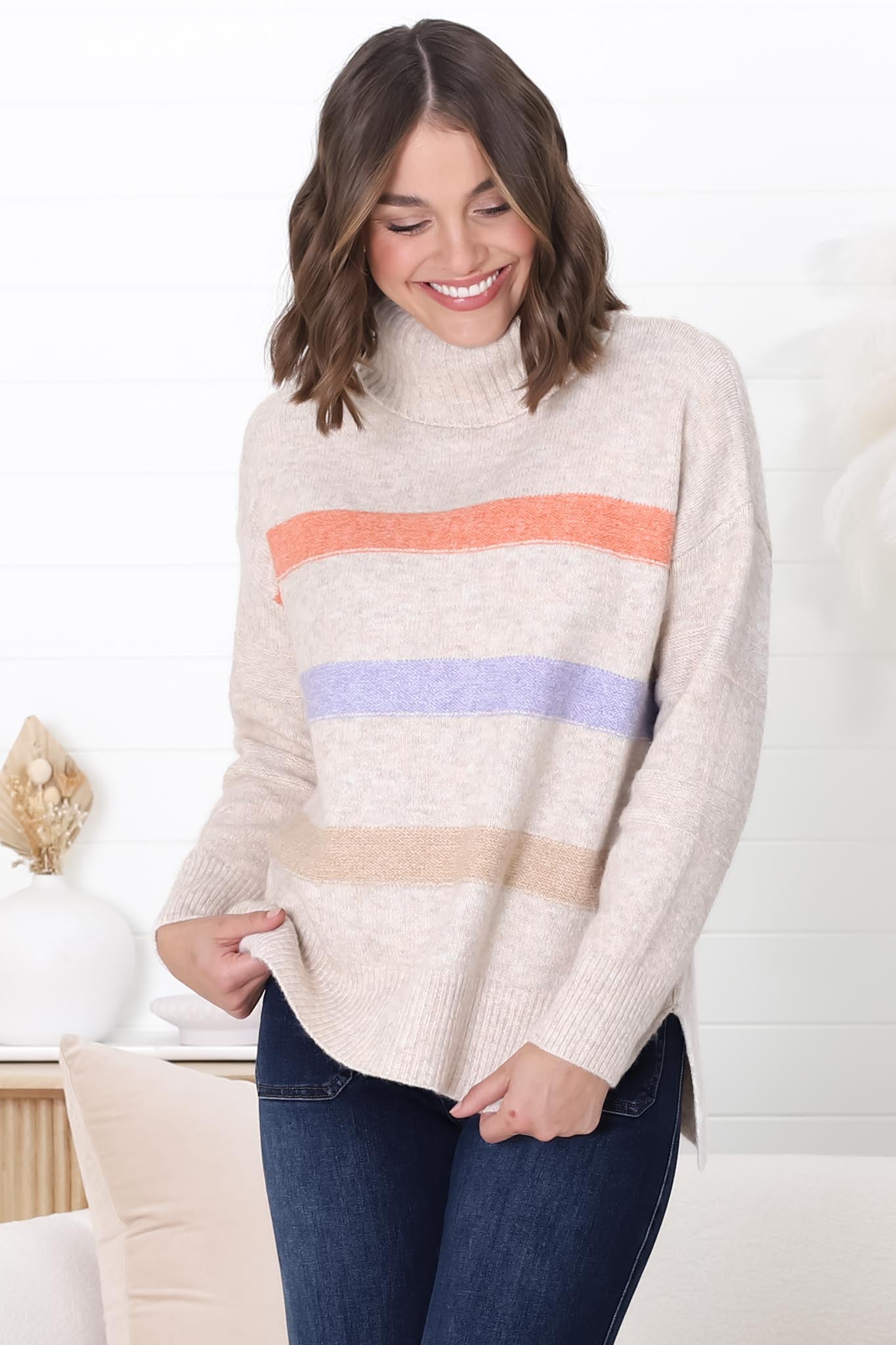 Rhea Jumper - Turtle Neck Stripe Pull Over Jumper with Multicoloured Stripes in Oat Marle