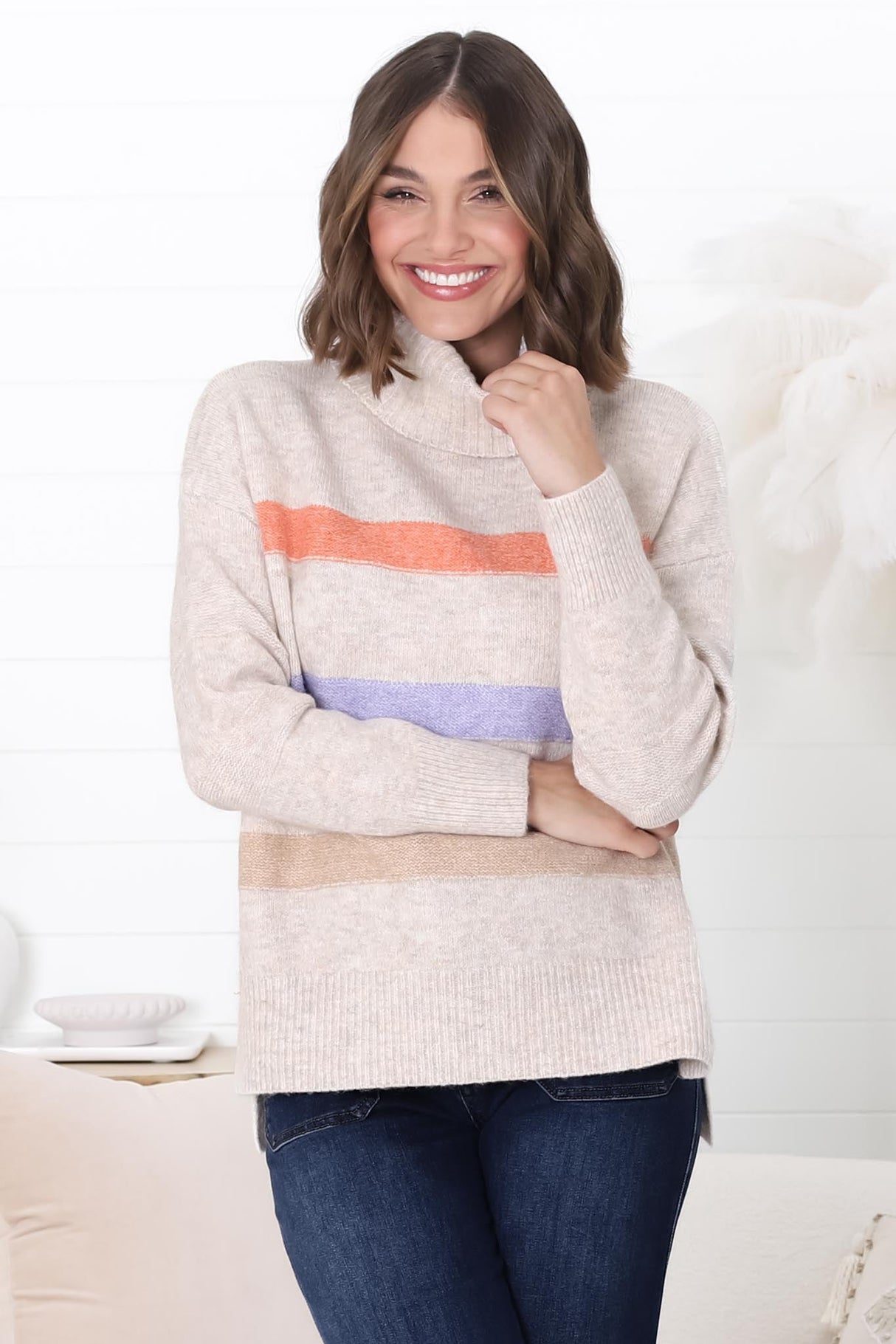 Rhea Jumper - Turtle Neck Stripe Pull Over Jumper with Multicoloured Stripes in Oat Marle