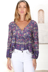 Grace Top - V-Neck Button Decal Long Sleeve Smock Top in Iris Print Navy