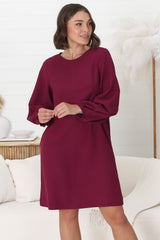 Ivanna Mini Dress - Crew Neck Shift Dress with Balloon Sleeves in Burgundy