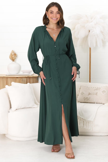 Amelie Maxi Dress - Frill Collar Button Through Dress with Waist Tie in Emerald