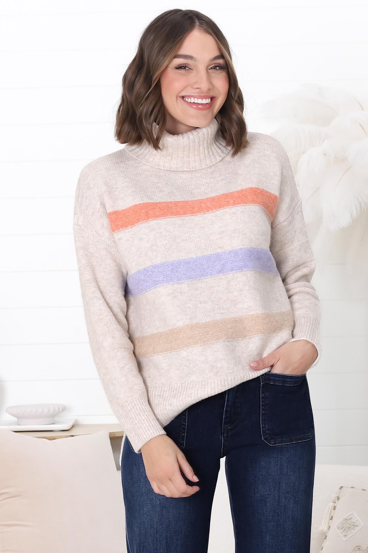 Rhea Jumper - Turtle Neck Stripe Pull Over Jumper with Multicoloured Stripes in Oat Marle