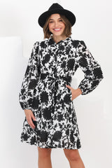 Esther Mini Dress - High Mandarin Collar Buttoned Dress with Waist Tie in Demi Black