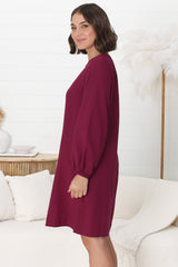 Ivanna Mini Dress - Crew Neck Shift Dress with Balloon Sleeves in Burgundy