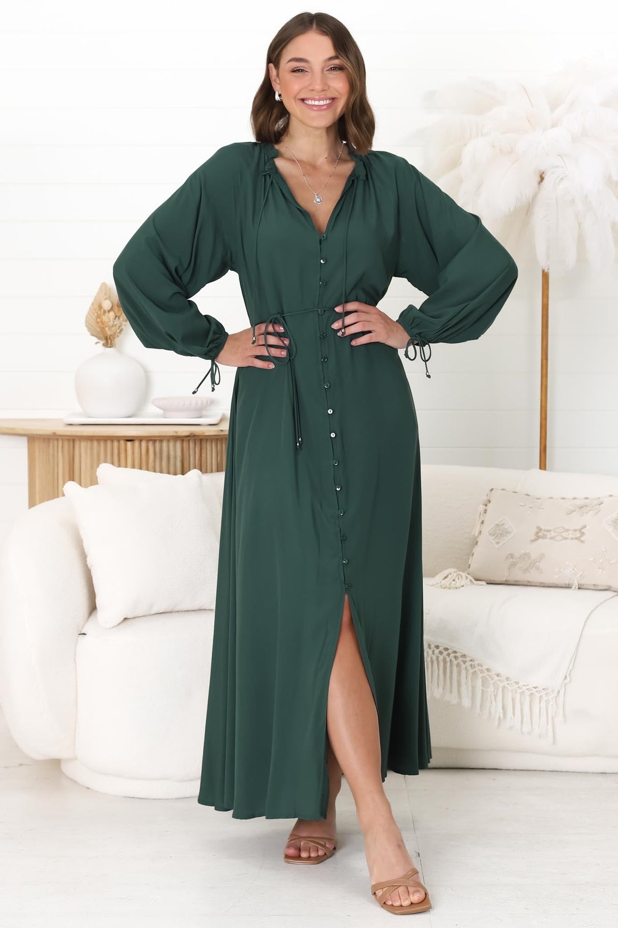 Amelie Maxi Dress - Frill Collar Button Through Dress with Waist Tie in Emerald