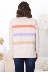 Rhea Jumper - Turtle Neck Stripe Pull Over Jumper with Multicoloured Stripes in Oat Marle