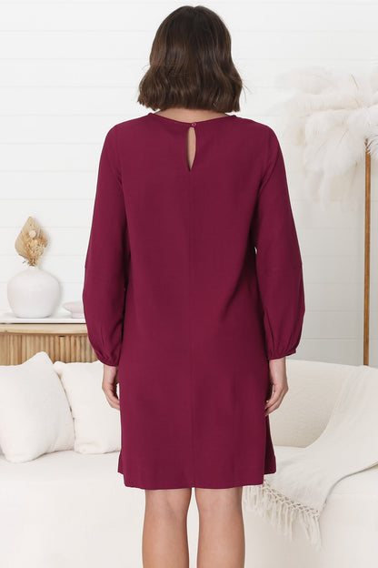 Ivanna Mini Dress - Crew Neck Shift Dress with Balloon Sleeves in Burgundy