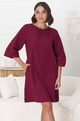 Ivanna Mini Dress - Crew Neck Shift Dress with Balloon Sleeves in Burgundy