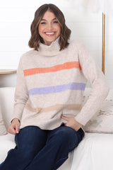 Rhea Jumper - Turtle Neck Stripe Pull Over Jumper with Multicoloured Stripes in Oat Marle