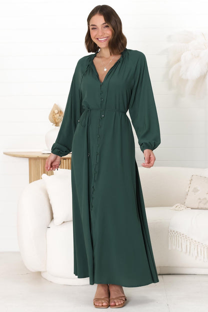 Amelie Maxi Dress - Frill Collar Button Through Dress with Waist Tie in Emerald