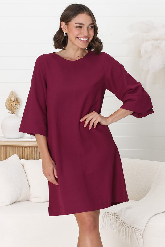 Ivanna Mini Dress - Crew Neck Shift Dress with Balloon Sleeves in Burgundy