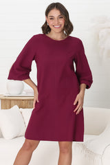 Ivanna Mini Dress - Crew Neck Shift Dress with Balloon Sleeves in Burgundy