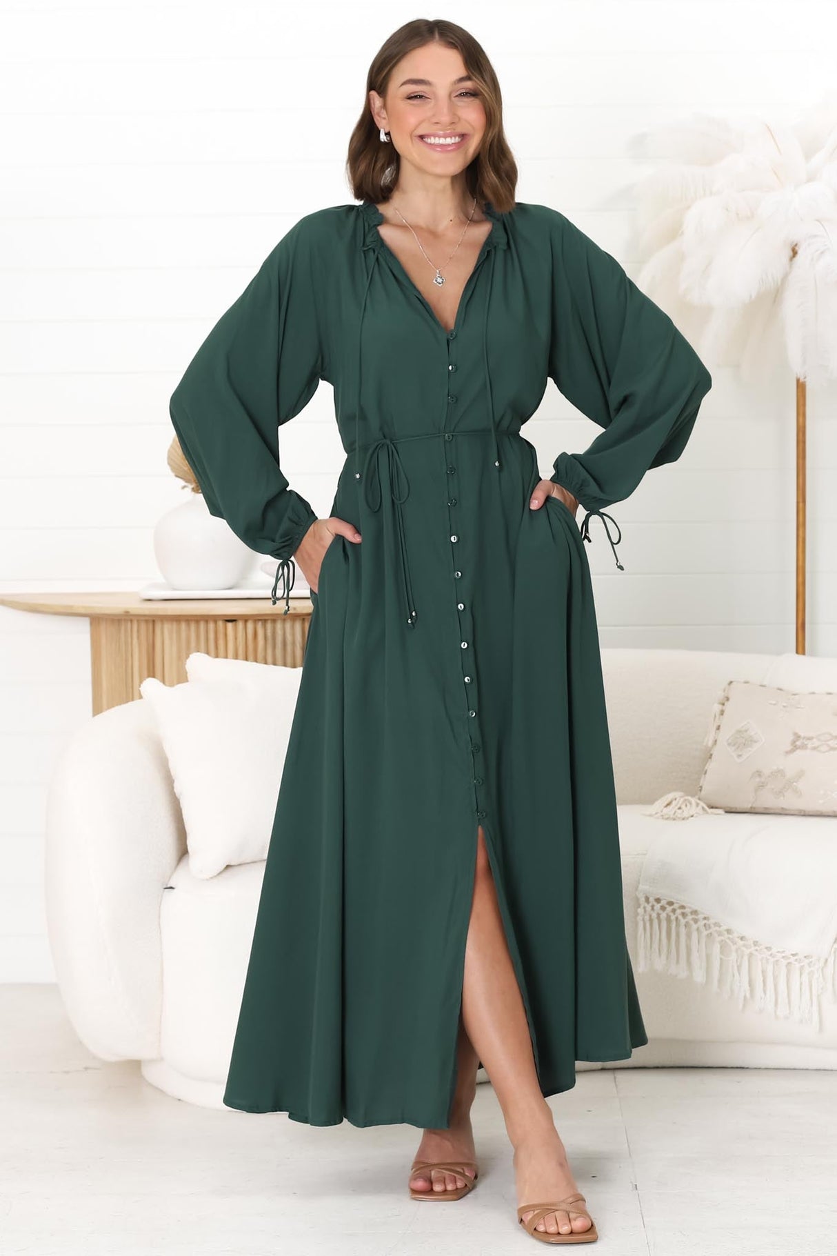 Amelie Maxi Dress - Frill Collar Button Through Dress with Waist Tie in Emerald