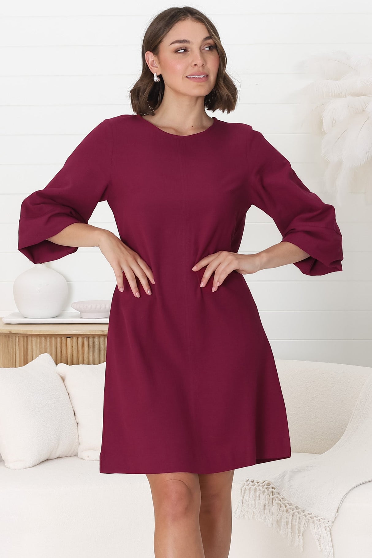 Ivanna Mini Dress - Crew Neck Shift Dress with Balloon Sleeves in Burgundy