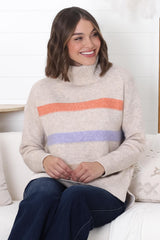 Rhea Jumper - Turtle Neck Stripe Pull Over Jumper with Multicoloured Stripes in Oat Marle