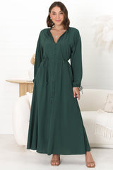 Amelie Maxi Dress - Frill Collar Button Through Dress with Waist Tie in Emerald