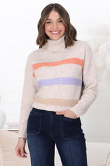 Rhea Jumper - Turtle Neck Stripe Pull Over Jumper with Multicoloured Stripes in Oat Marle