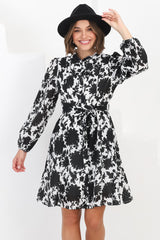 Esther Mini Dress - High Mandarin Collar Buttoned Dress with Waist Tie in Demi Black