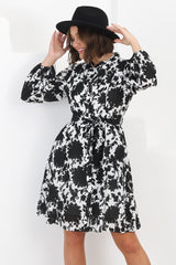 Esther Mini Dress - High Mandarin Collar Buttoned Dress with Waist Tie in Demi Black